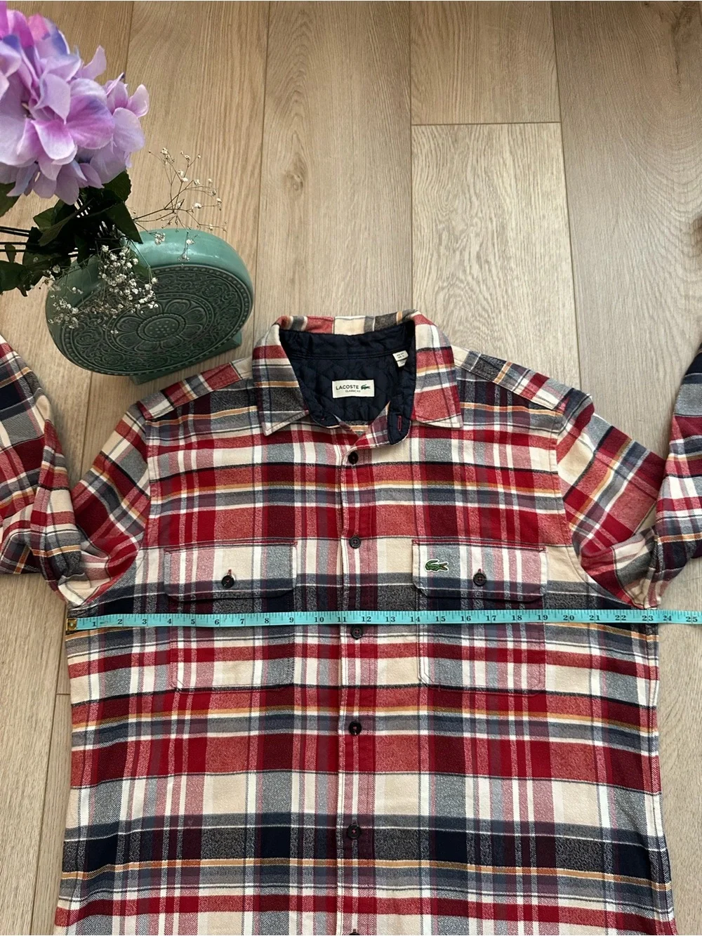 Lacoste Red Navy Plaid Button-Down Shirt classic fit Size L - Picture 9 of 10